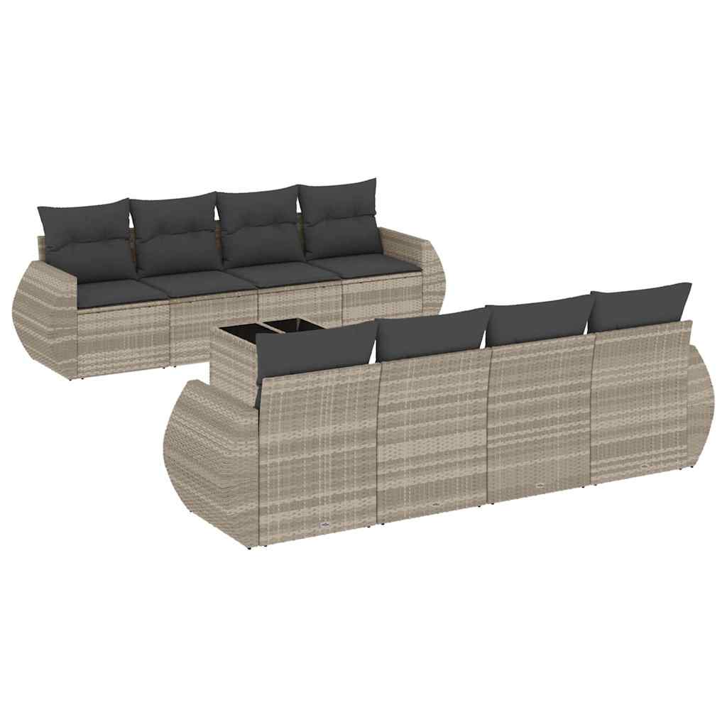 Set Divano da Giardino 9pz con Cuscini grigio chiaro Polyrattan