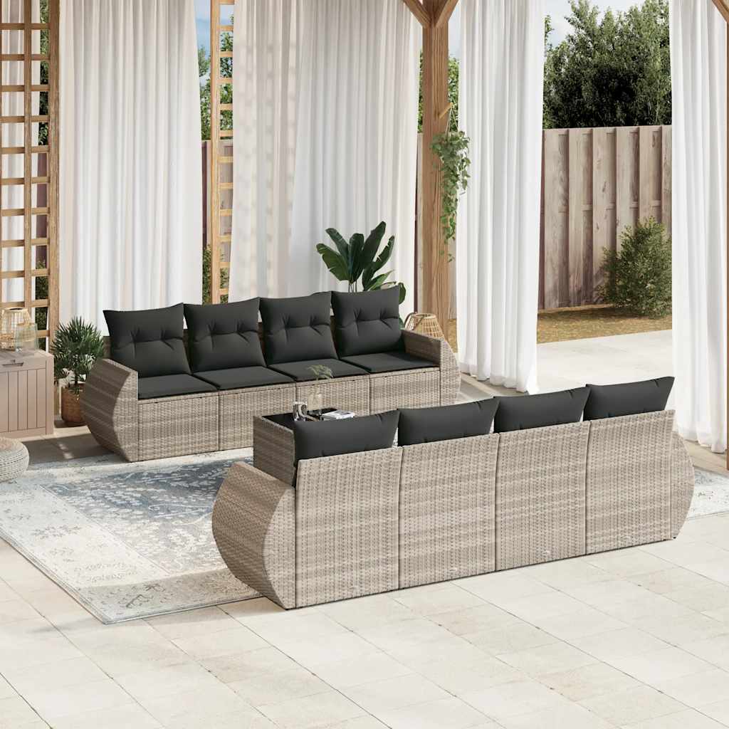 Set Divano da Giardino 9pz con Cuscini grigio chiaro Polyrattan