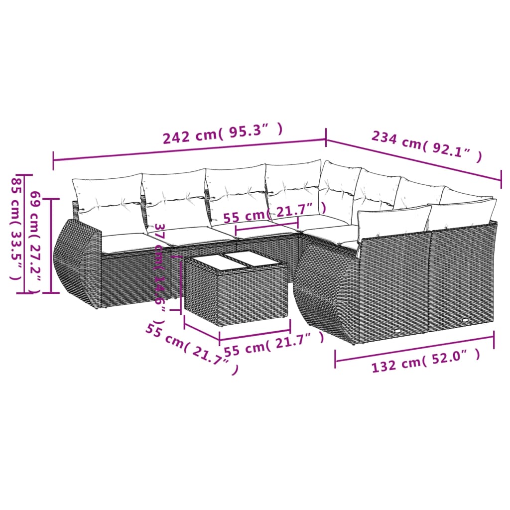 Set Divani da Giardino 9 pz con Cuscini Nero in Polyrattan | homemem39
