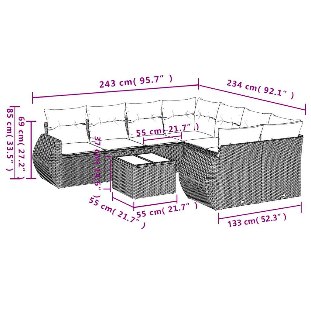 Set Divani da Giardino 9 pz con Cuscini Nero in Polyrattan | homemem39
