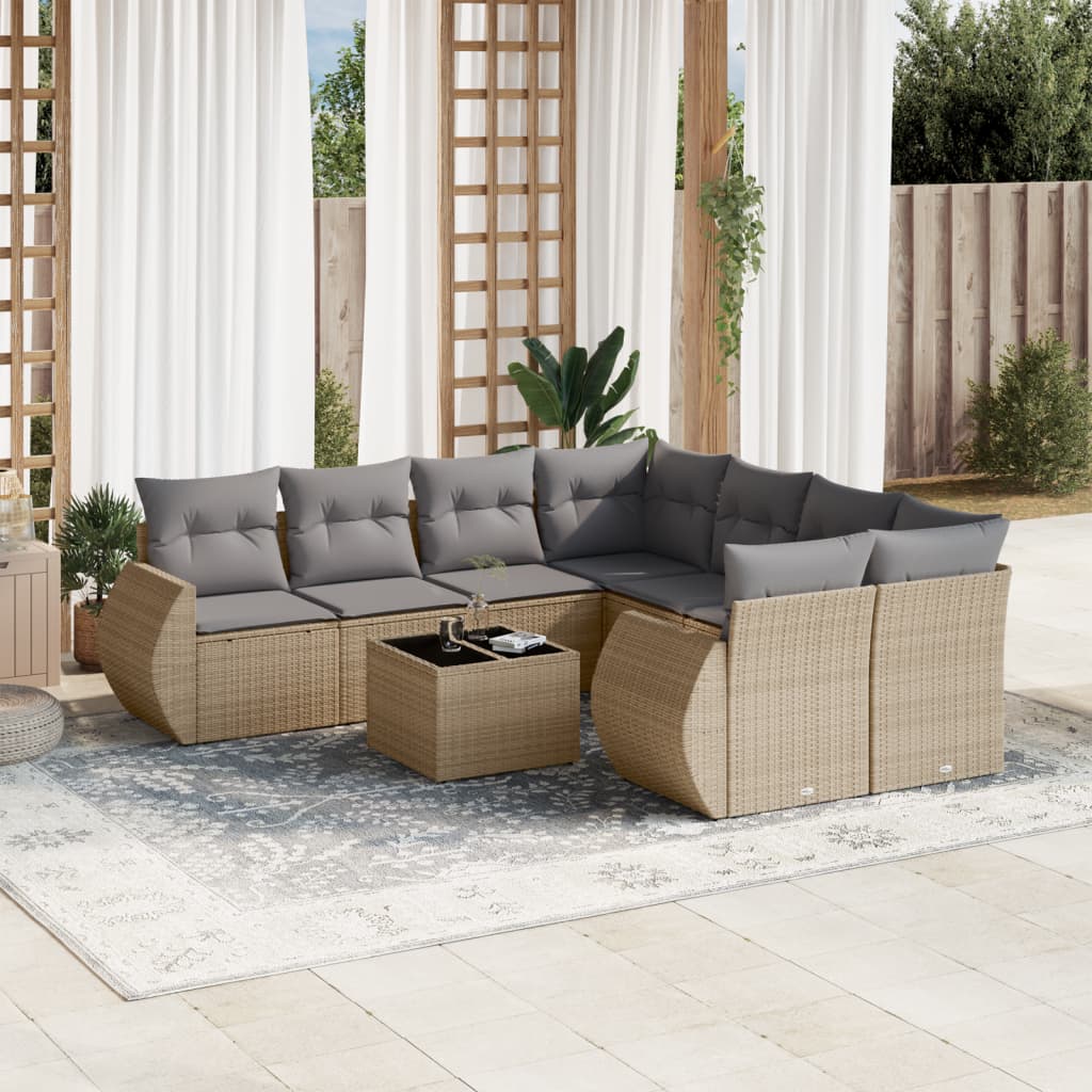 Set Divano da Giardino 9 pz con Cuscini Beige in Polyrattan - homemem39