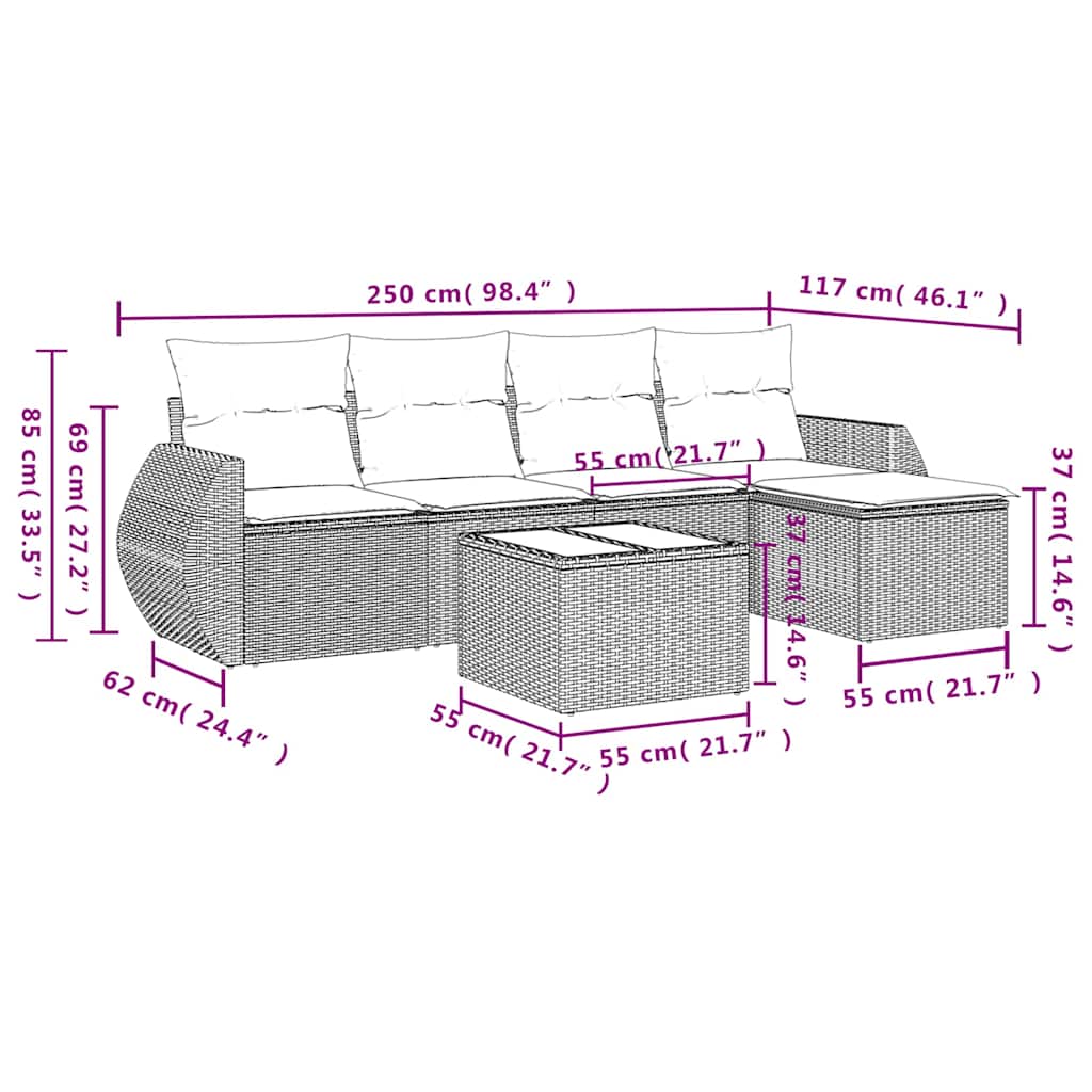 Set Divano da Giardino 6 pz con Cuscini Nero in Polyrattan