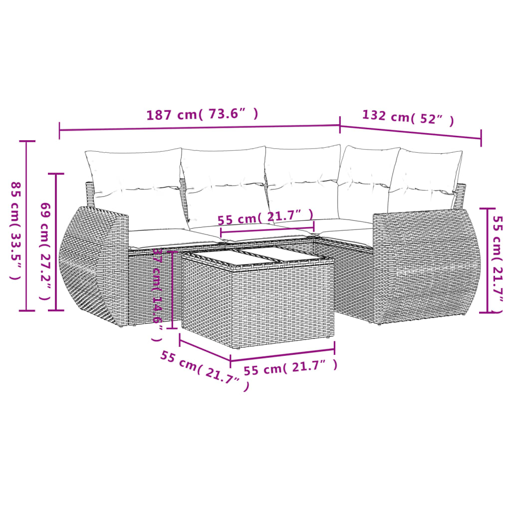 Set Divani da Giardino 5 pz con Cuscini in Polyrattan Nero | homemem39