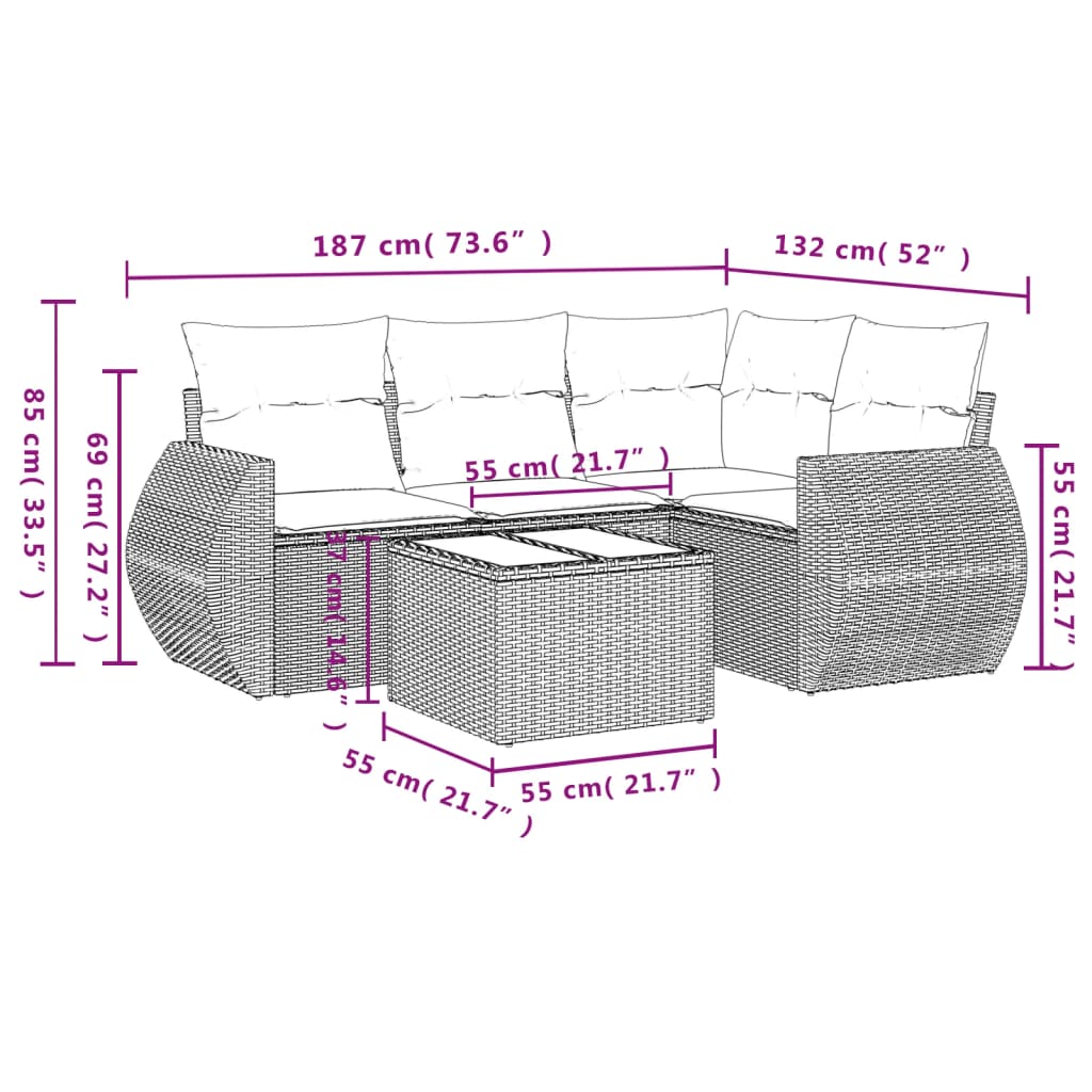 Set Divano da Giardino 5 pz con Cuscini Grigio in Polyrattan - homemem39
