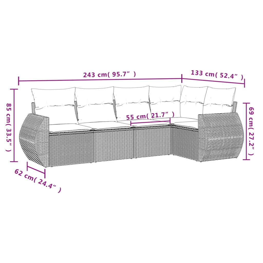 Set Divani da Giardino 5 pz con Cuscini Grigio in Polyrattan | homemem39