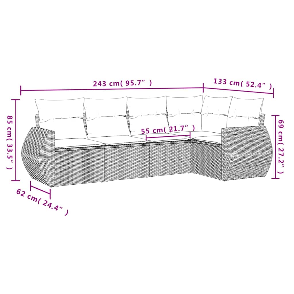 Set Divano da Giardino 5pz con Cuscini Grigio Chiaro Polyrattan - homemem39