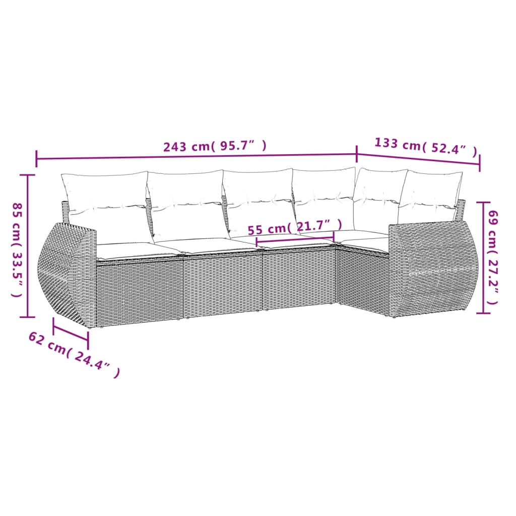Set Divano da Giardino 5 pz con Cuscini Marrone in Polyrattan | homemem39