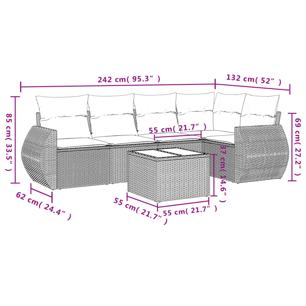 Set Divano da Giardino 6 pz con Cuscini Marrone in Polyrattan - homemem39