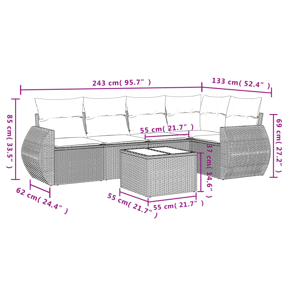 Set Divani da Giardino 6 pz con Cuscini Marrone in Polyrattan