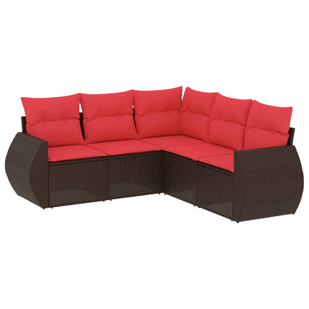 Set Divani da Giardino 5 pz con Cuscini Marrone in Polyrattan