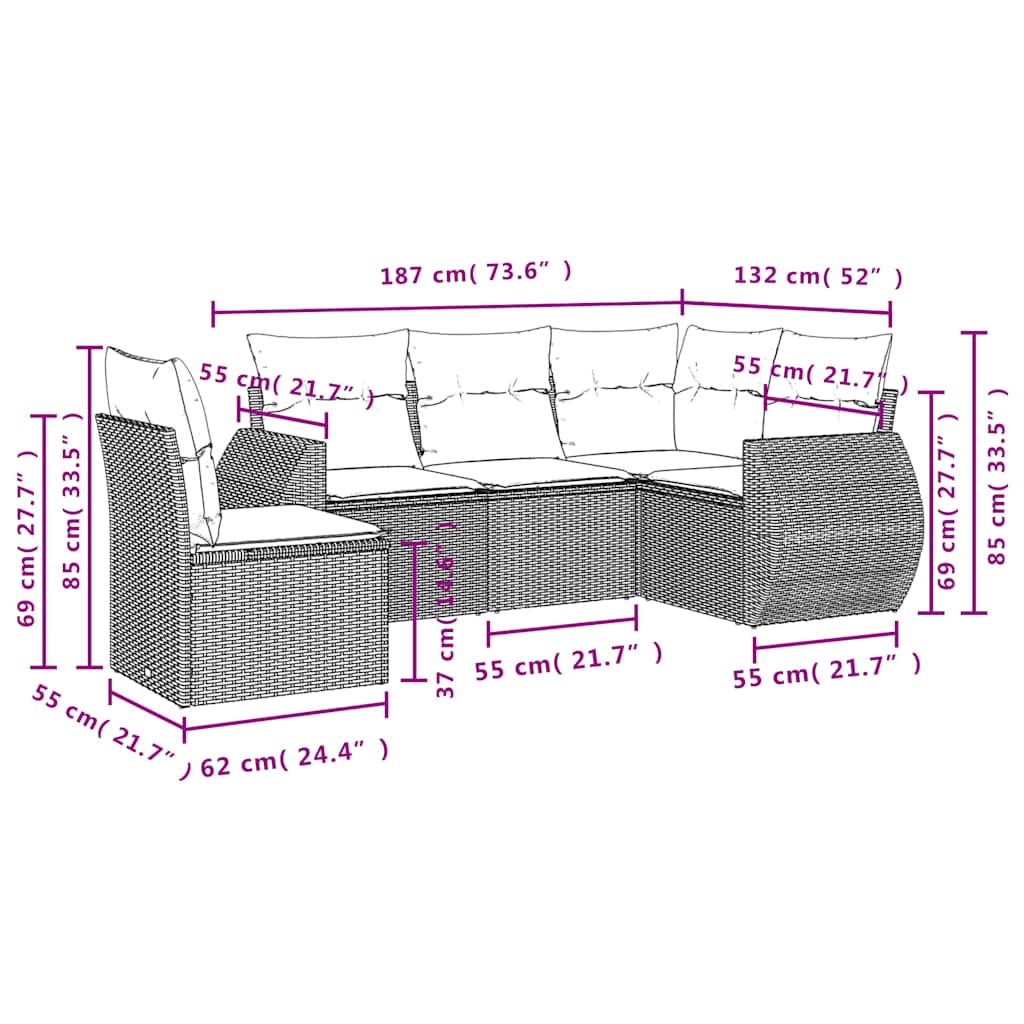 Set Divani da Giardino 5 pz con Cuscini Grigio in Polyrattan | homemem39