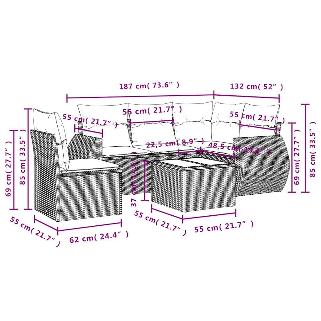 Set Divano da Giardino 6 pz con Cuscini Nero in Polyrattan | homemem39