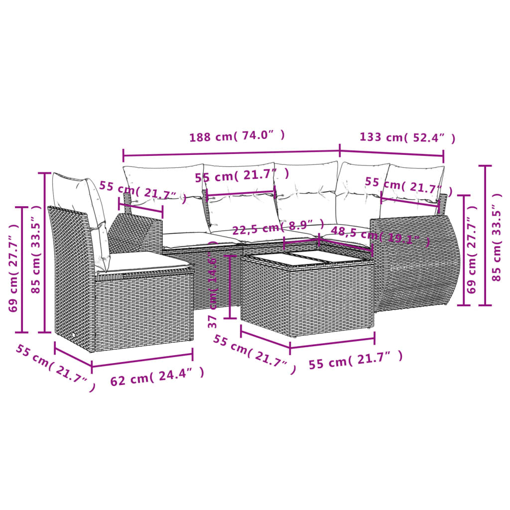 Set Divani da Giardino 6 pz con Cuscini Grigio in Polyrattan