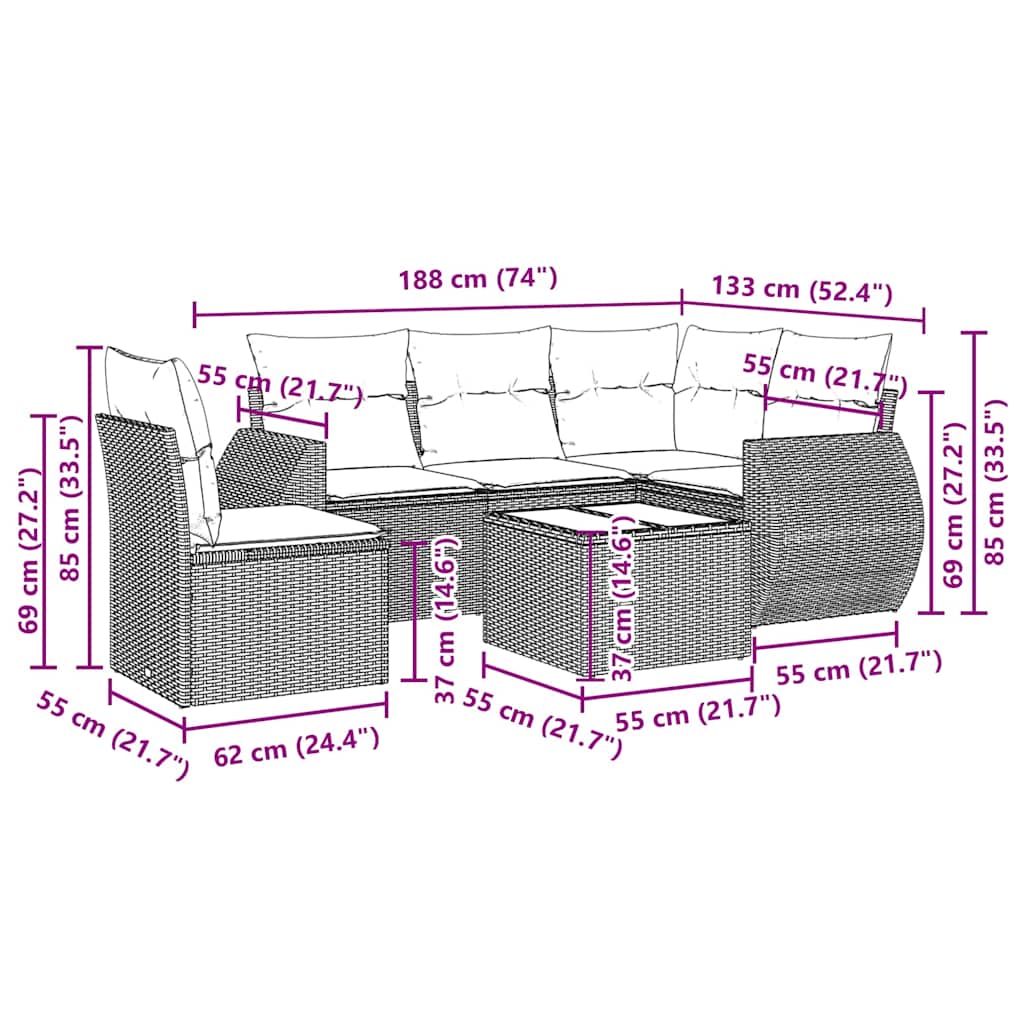 Set Divano da Giardino 6pz con Cuscini Grigio Chiaro Polyrattan