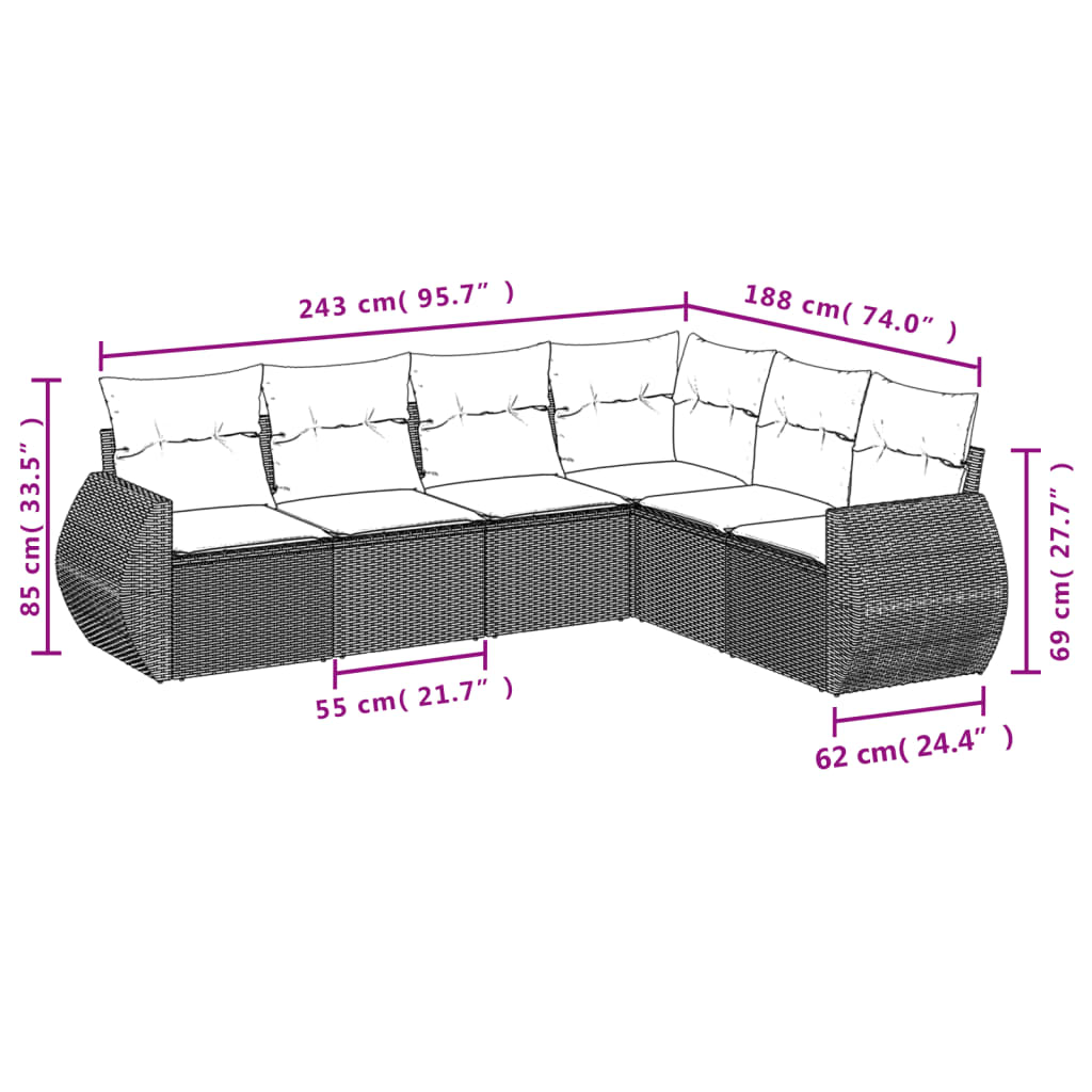 Set Divani da Giardino 6 pz con Cuscini Grigio in Polyrattan | homemem39