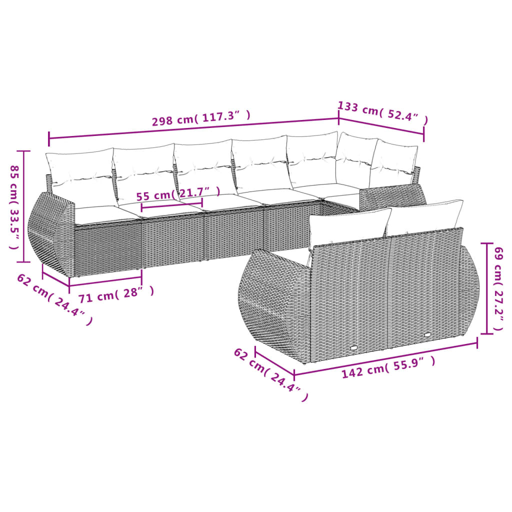 Set Divani da Giardino 8 pz con Cuscini Grigio in Polyrattan | homemem39