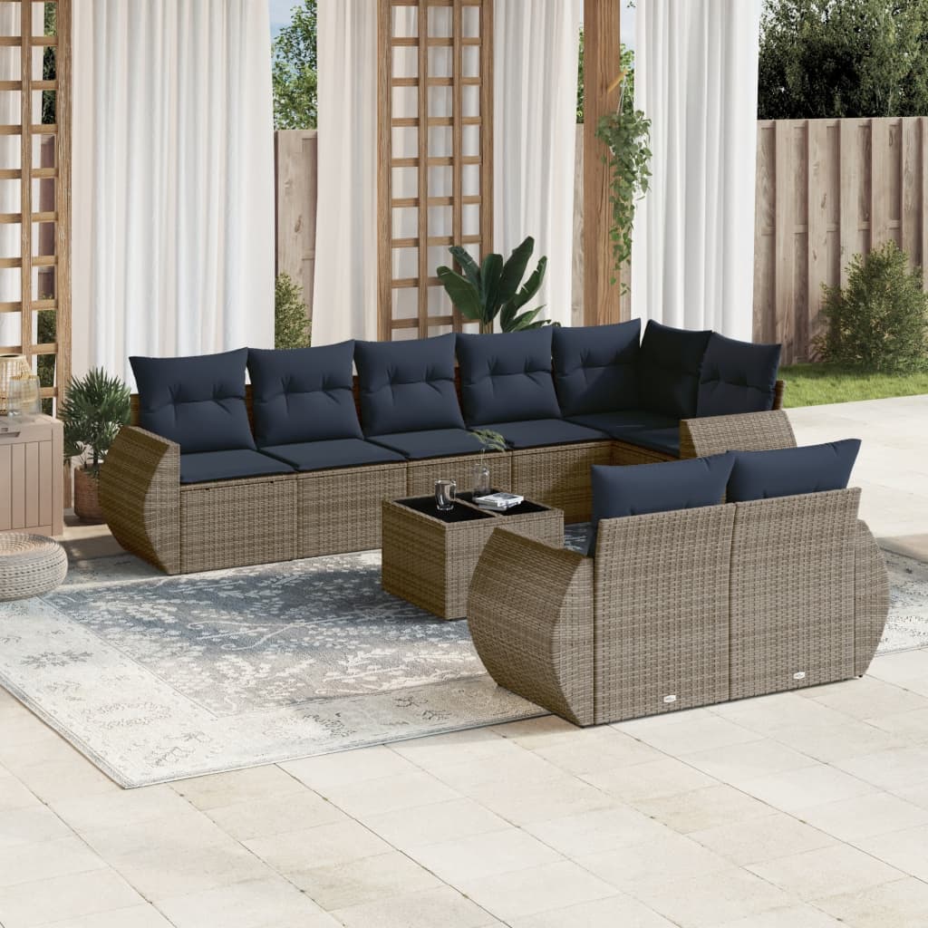Set Divani da Giardino 9 pz con Cuscini Grigio in Polyrattan | homemem39