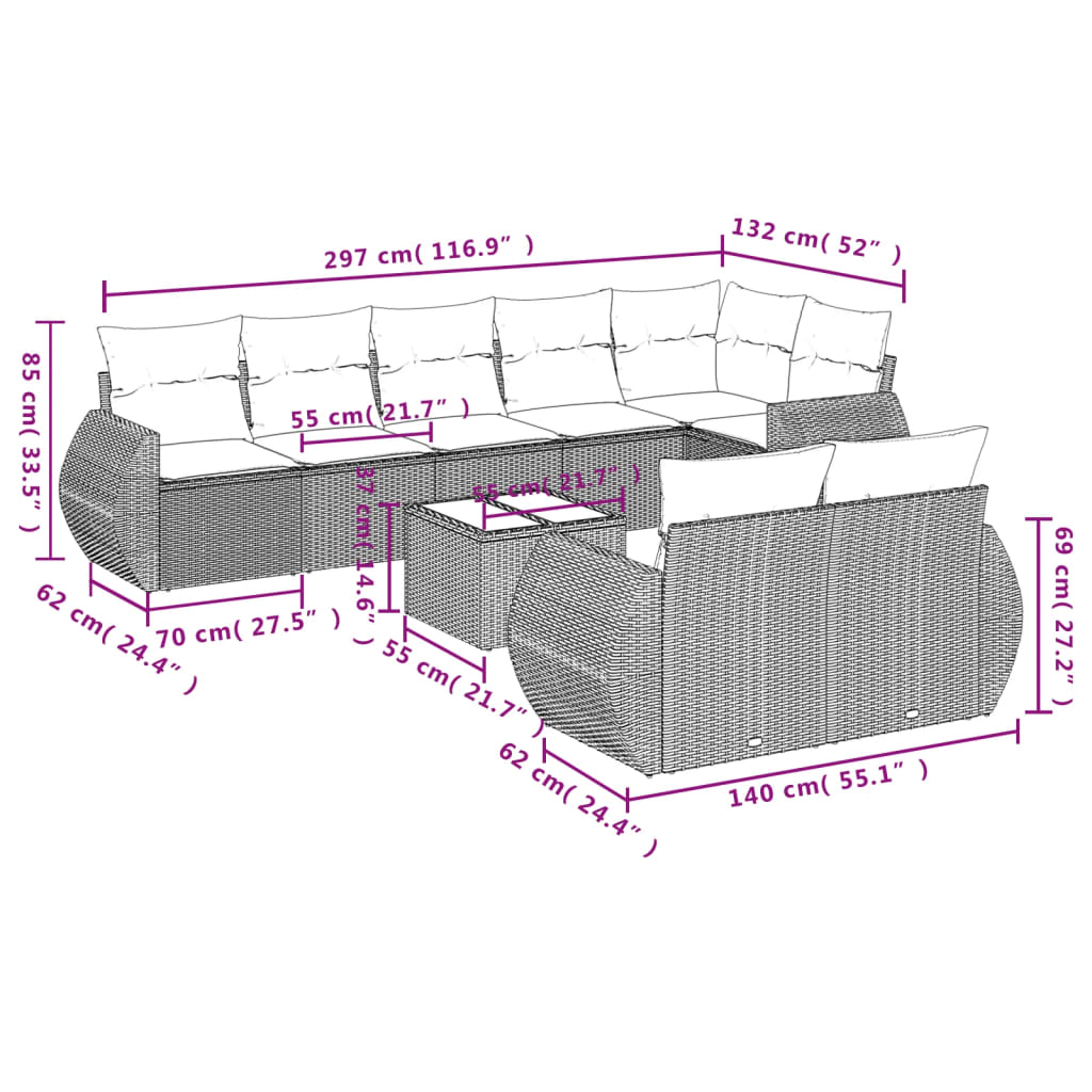 Set Divani da Giardino 9 pz con Cuscini Marrone in Polyrattan