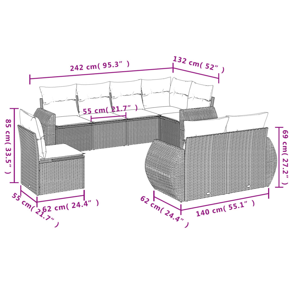 Set Divani da Giardino 8 pz con Cuscini Grigio in Polyrattan
