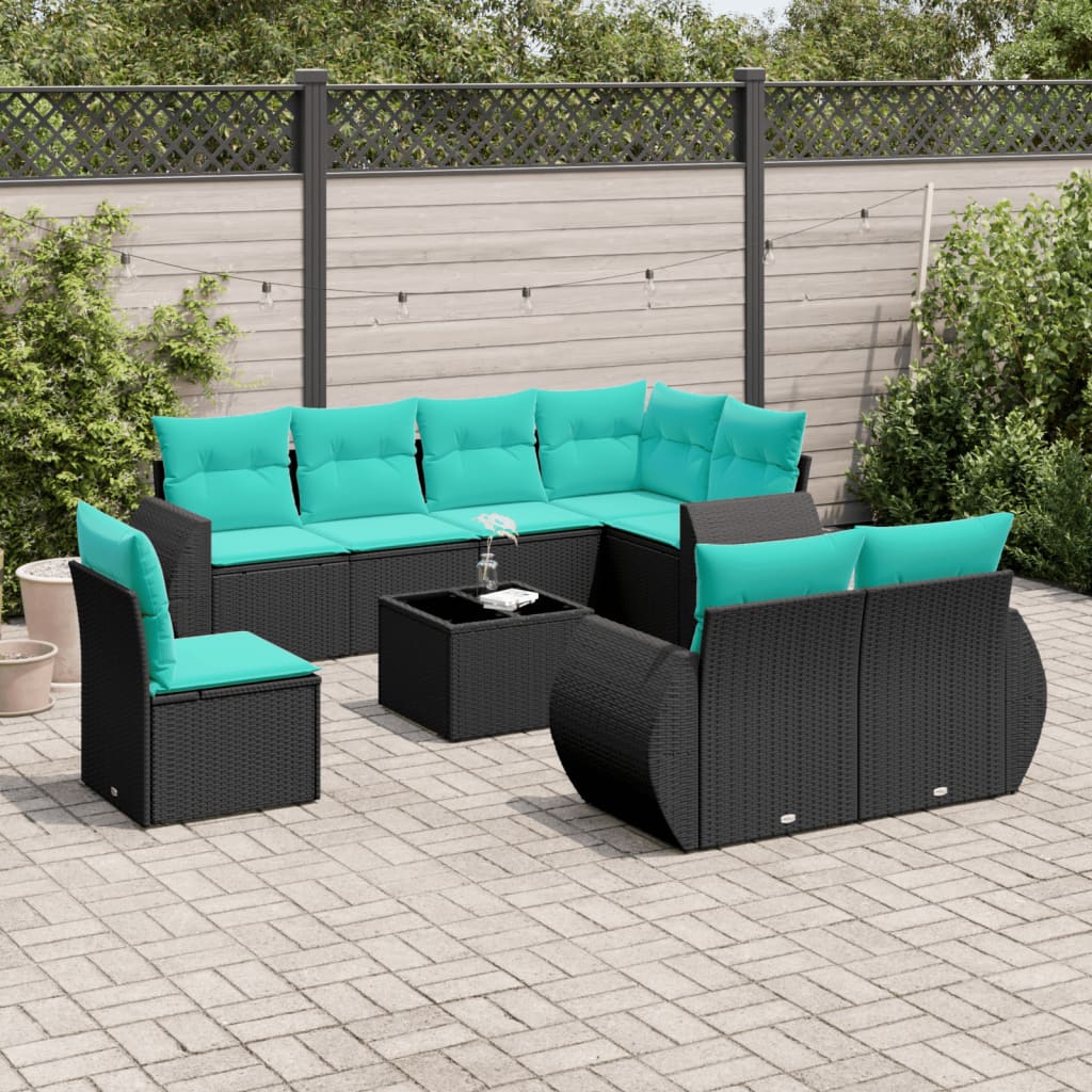 Set Divani da Giardino 9 pz con Cuscini Nero in Polyrattan | homemem39