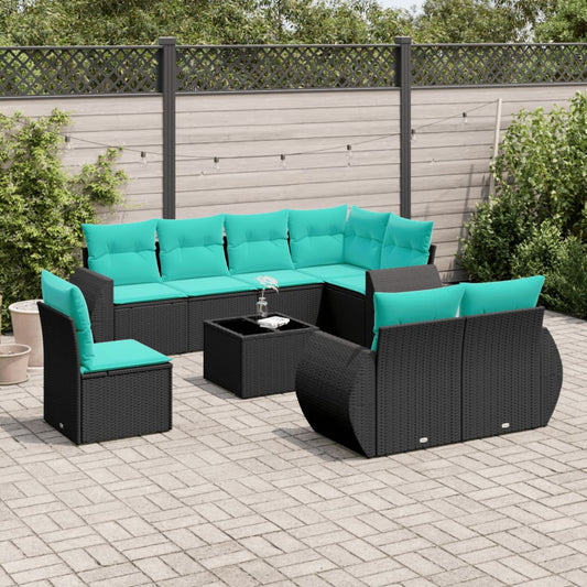 Set Divani da Giardino 9 pz con Cuscini Nero in Polyrattan | homemem39