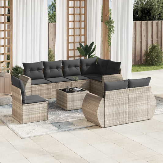Set Divano da Giardino 9pz con Cuscini Grigio Chiaro Polyrattan
