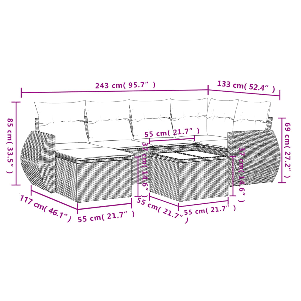 Set Divani da Giardino 7 pz con Cuscini Nero in Polyrattan | homemem39