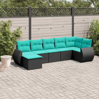 Set Divani da Giardino 7 pz con Cuscini Nero in Polyrattan