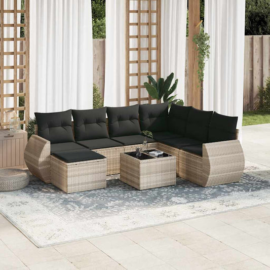 Set Divano da Giardino 8pz con Cuscini Grigio Chiaro Polyrattan