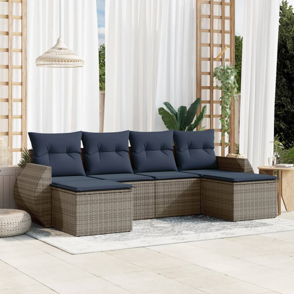 Set Divani da Giardino 6 pz con Cuscini Grigio in Polyrattan