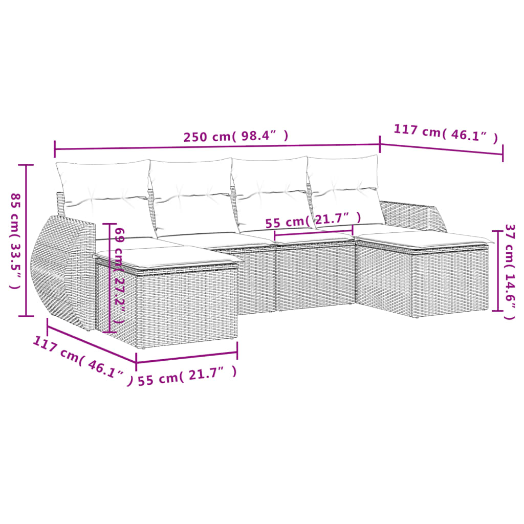 Set Divani da Giardino 6 pz con Cuscini Marrone in Polyrattan | homemem39