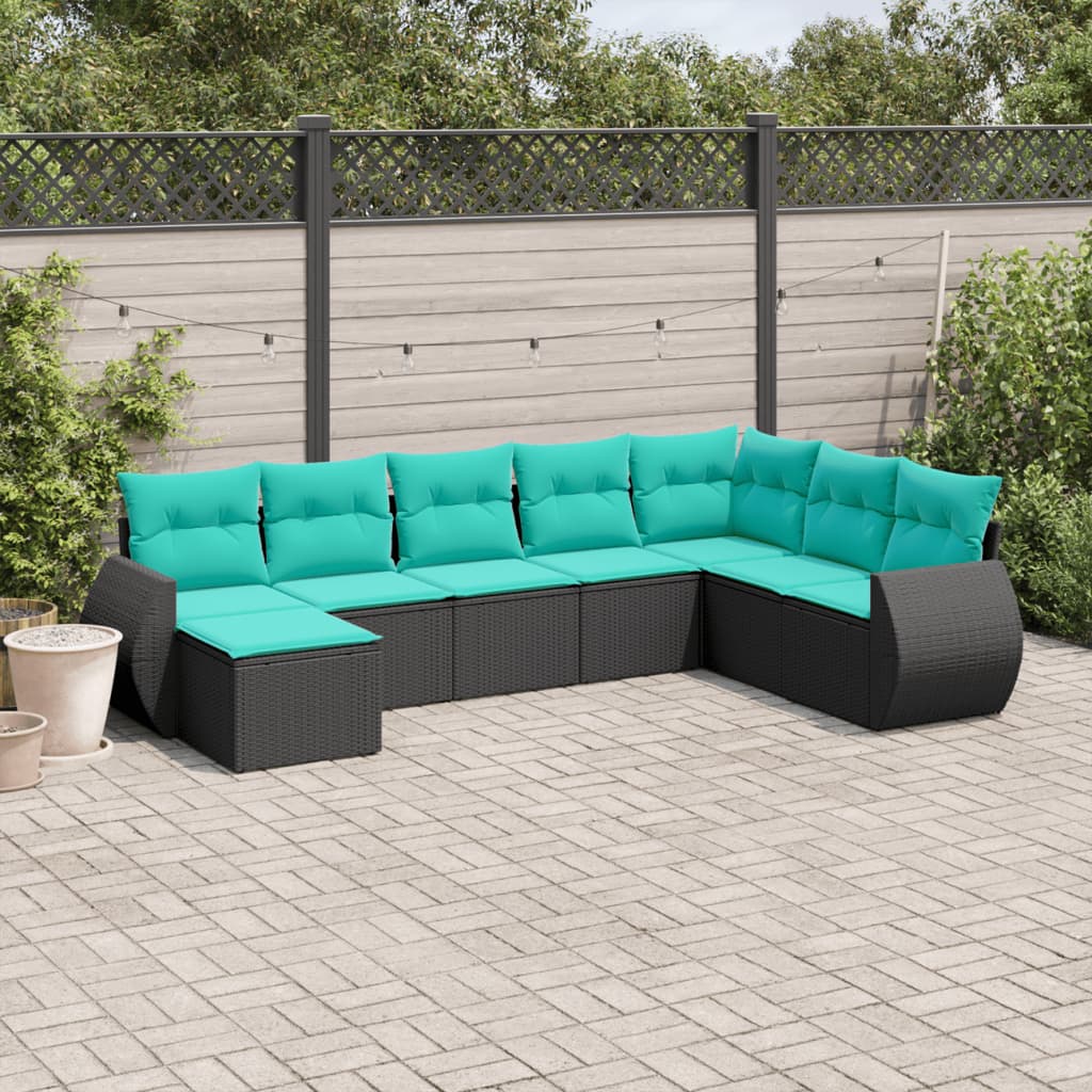 Set Divani da Giardino 8 pz con Cuscini Nero in Polyrattan