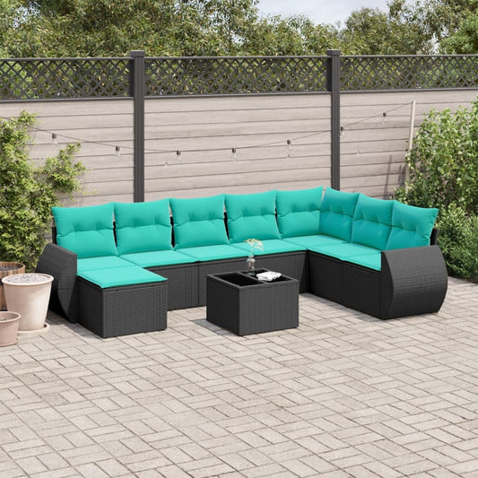 Set Divani da Giardino 9 pz con Cuscini Nero in Polyrattan | homemem39