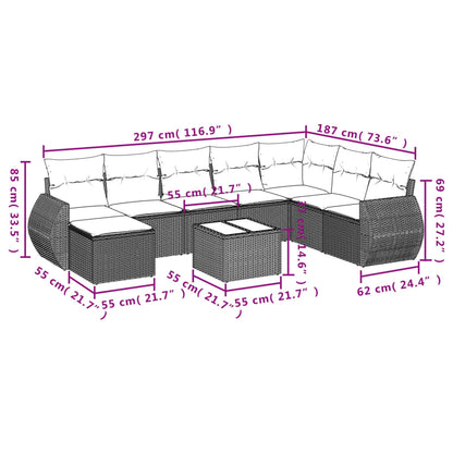 Set Divani da Giardino 9 pz con Cuscini Grigio in Polyrattan | homemem39