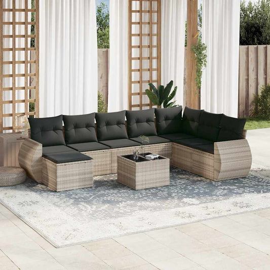 Set Divano da Giardino 9pz con Cuscini Grigio Chiaro Polyrattan