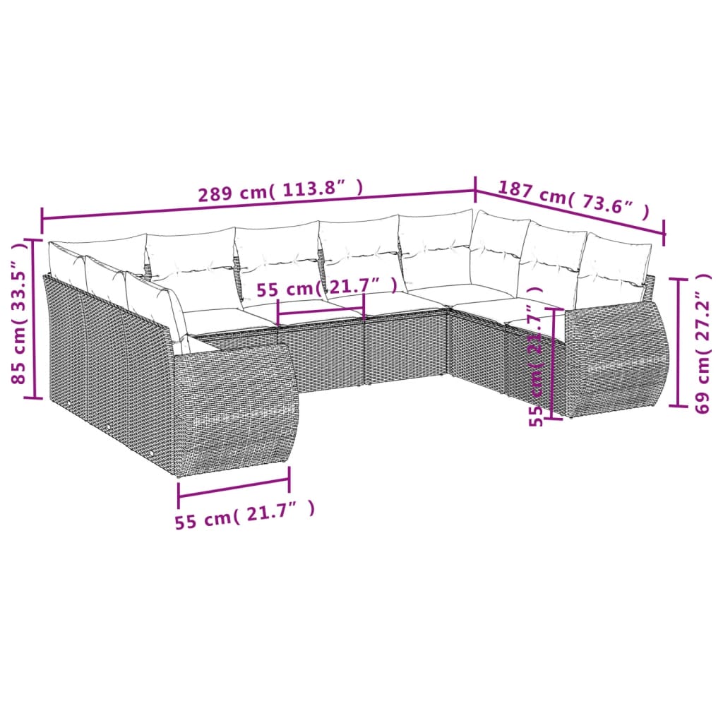 Set Divani da Giardino 9 pz con Cuscini Grigio in Polyrattan | homemem39