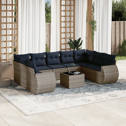 Set Divani da Giardino 10 pz con Cuscini Grigio in Polyrattan