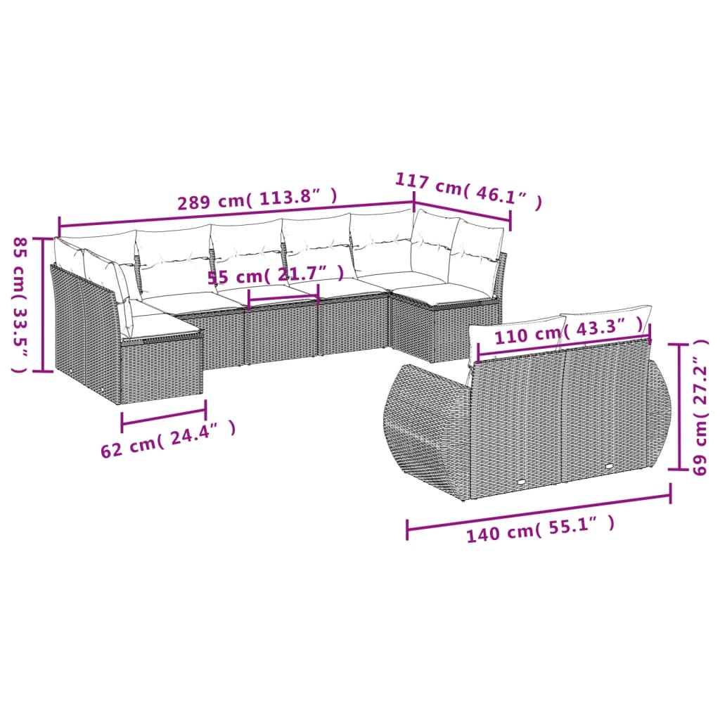 Set Divani da Giardino 9 pz con Cuscini Marrone in Polyrattan
