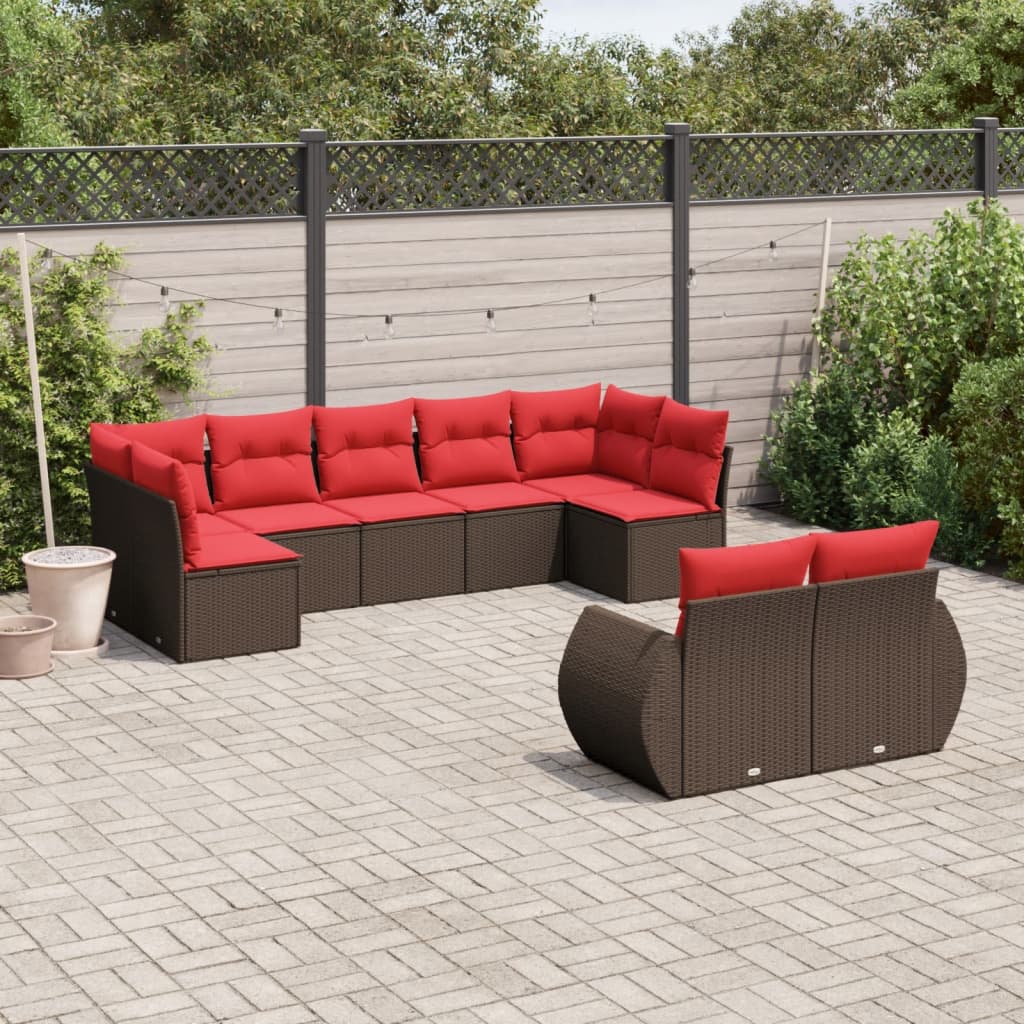 Set Divani da Giardino 9 pz con Cuscini Marrone in Polyrattan