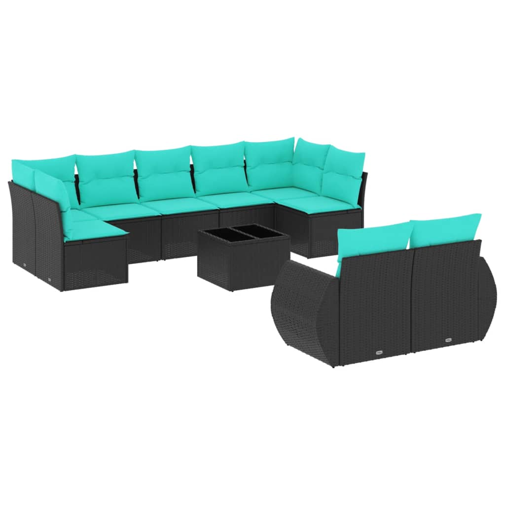 Set Divani da Giardino 10 pz con Cuscini Nero in Polyrattan | homemem39