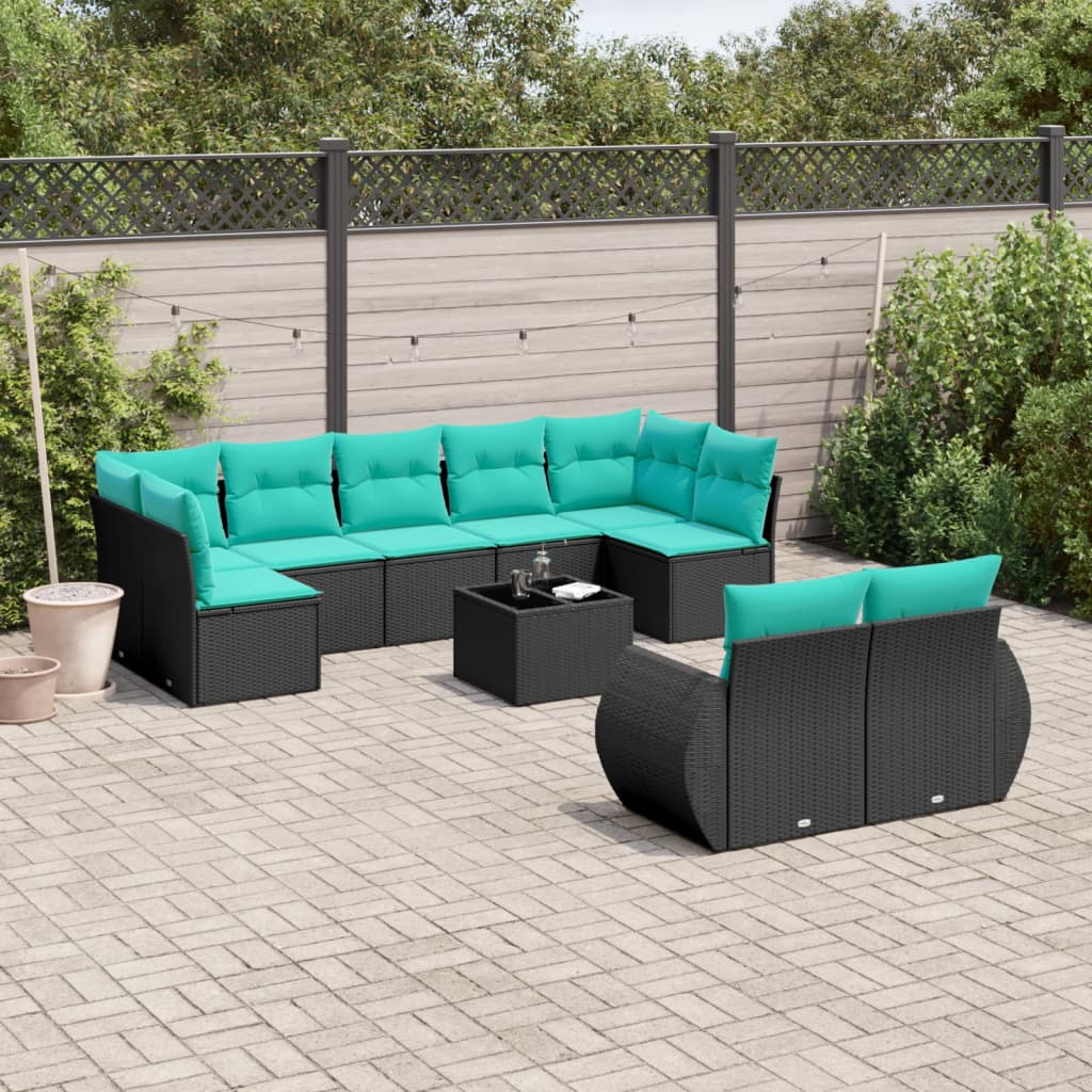 Set Divani da Giardino 10 pz con Cuscini Nero in Polyrattan | homemem39