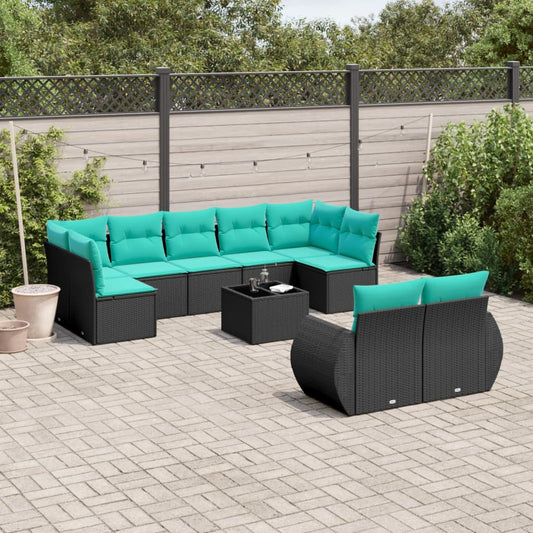 Set Divani da Giardino 10 pz con Cuscini Nero in Polyrattan | homemem39