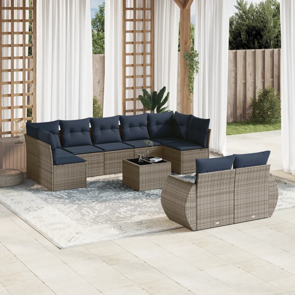Set Divani da Giardino 10 pz con Cuscini Grigio in Polyrattan | homemem39