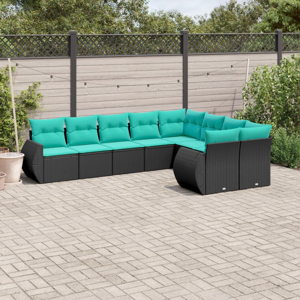 Set Divani da Giardino 9 pz con Cuscini Nero in Polyrattan | homemem39