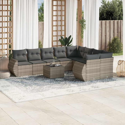 Set Divano Giardino 10 pz con Cuscini Grigio Chiaro Polyrattan