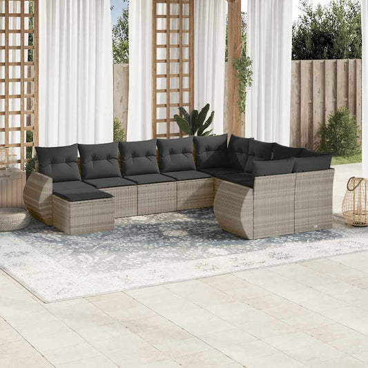 Set Divano Giardino 10 pz con Cuscini Grigio Chiaro Polyrattan