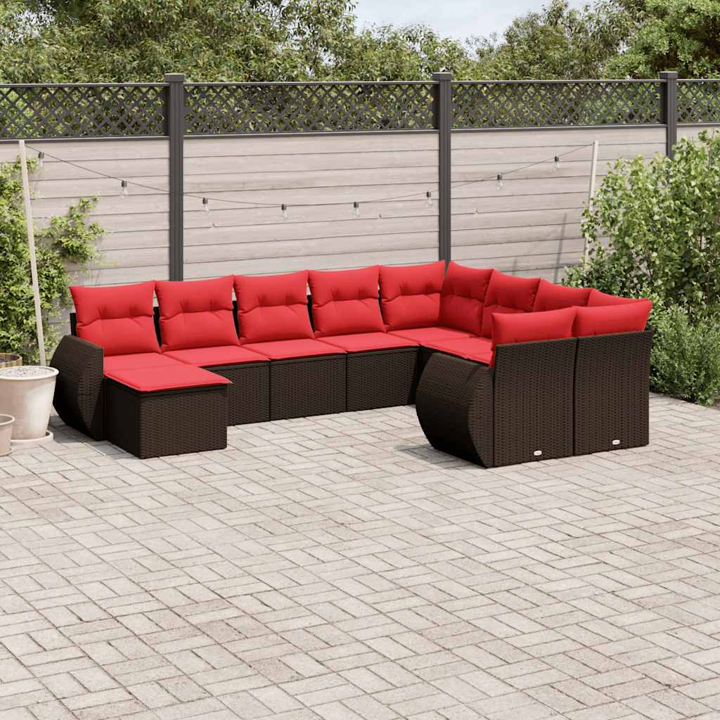 Set Divani da Giardino 10 pz con Cuscini Marrone in Polyrattan
