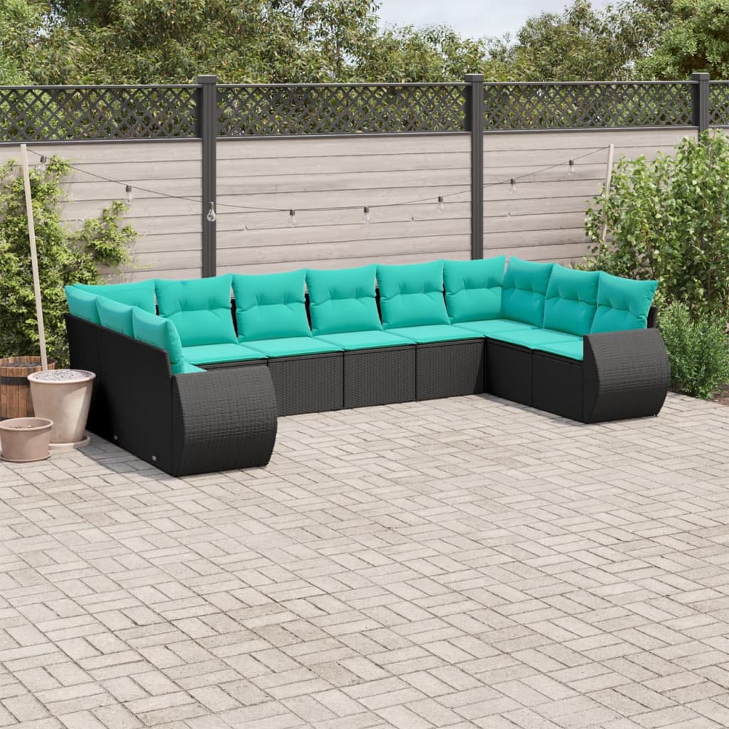 Set Divani da Giardino 10 pz con Cuscini Nero in Polyrattan | homemem39