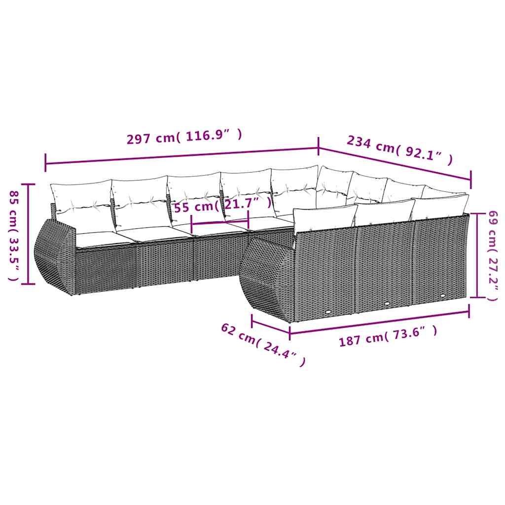 Set Divano Giardino 10 pz con Cuscini Grigio Chiaro Polyrattan