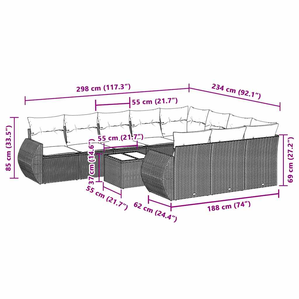 Set Divani da Giardino 11 pz con Cuscini in Polyrattan Grigio